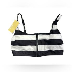 MICHAEL MICHAEL KORS black white horizontal stripe zip front bikini swim top NWT